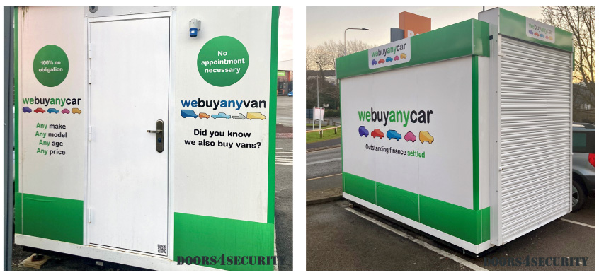 two images of the front and back of a white and green portable office pod in a carpark next to a road